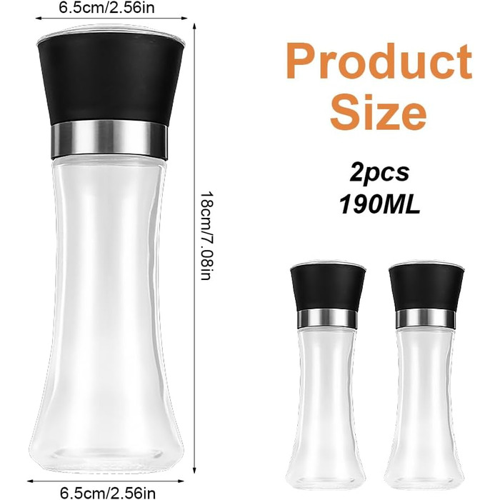 Набір з 2 шт. мельниць для перцю та солі, регульована ступінь помелу, керамічний механізм, прозоре скло та нержавіюча сталь, підходить для перцю, солі та чилі