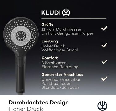 KLUDI-X3 Universal Shower Head with Hose, Shower Spray Optional - Water-Saving with 3 Spray Patterns (Body, Hair, Skin), Easy-to-Clean Shower Head Ø 11.7 cm, Shower Hose 1.60 m (3 Spray Patterns, Matte Black)