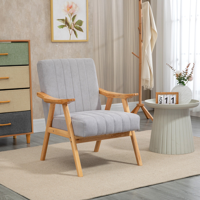 HOMCOM Ear Chair Upholstered Chair with Armrests Lounge Chair Relax Chair Scandinavian Design Rubberwood Legs Light Grey for Living Room & Relaxation