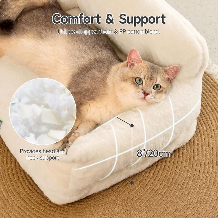 MEWOOFUN Cat Sofa, Cat Bed for Indoor Cats, Cute Kitten Bed Pet Sofa with Removable, Washable Cover and Non-Slip Bottom for Small Dogs (White, S)