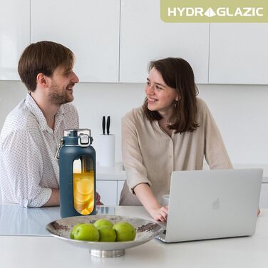 1.9L Glass Water Bottle, Glass Drinking Bottle with Straw and Stainless Steel Handle, Motivational Water Bottle with Silicone Sleeve and Time Marker, Water Pitch, Dark Blue