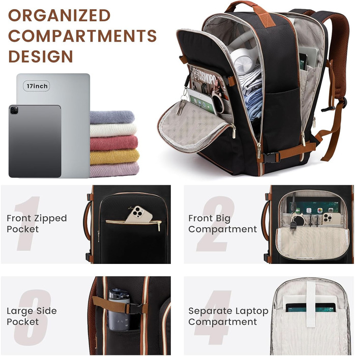 Рюкзак LOVEVOOK для ручної поклажі в літак, 40L, великий, для жінок, валіза-рюкзак, водонепроникний, для ноутбука 17 дюймів, для подорожей, бізнесу, відпочинку, хайкінгу, вихідних (L, чорний+коричневий)