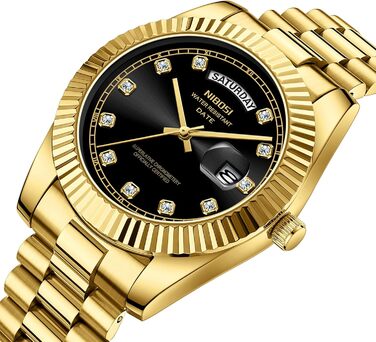 Чоловічий годинник NIBOSI: аналоговий кварцовий годинник з нержавіючої сталі, водостійкий, з датою та індикатором дня тижня. Білий циферблат, золотий корпус, чорвий ремінець. Стильний бізнес-годинник для чоловіків