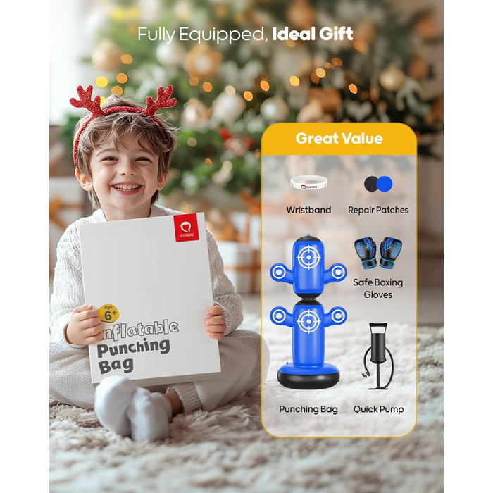 Дитячий боксерський мішок QPAU 360° з рукавичками, насосом та 6 цілями. Надувний боксерський мішок Bop Bag для карате, подарунок для хлопчиків та дівчаток (Блакитний)