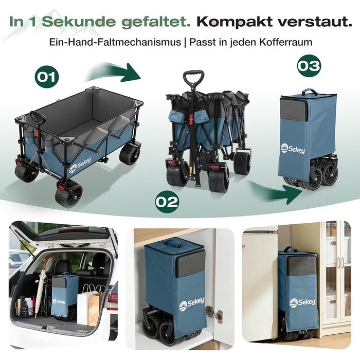 Універсальний складаний візок Sekey XXL Plus 200L/200кг з гальмами та широкими колесами для бездоріжжя (Синьо-сірий, 10 см колеса)