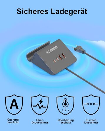 Багатопортова USB зарядка POANES 25W: зарядний станція на 4 порти для iPhone, Samsung, LG, Huawei та інших пристроїв (чорний/сірий)