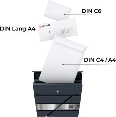 Поштова скринька Metzler персоналізована з гравіюванням, нержавіюча сталь, відділення для газет, замок, вологостійка, антрацит RAL 7016, настінний монтаж 37x37x10.5 см