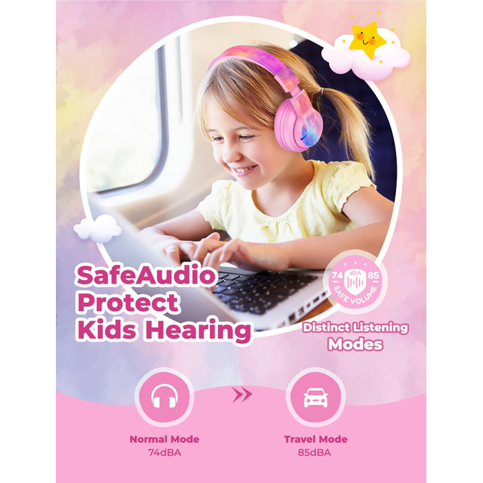 iClever Бездротові навушники для дітей з LED-підсвіткою, Over-Ear, Bluetooth 5.2, мікрофон, BTH12 (Tie-dye рожевий)