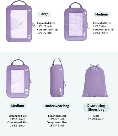 Набір органайзерів для валізи ECOHUB (5 шт.) - компресійні куби для подорожей, рюкзаки, валіза, органайзер для одягу (темно-зелений, світло-фіолетовий)