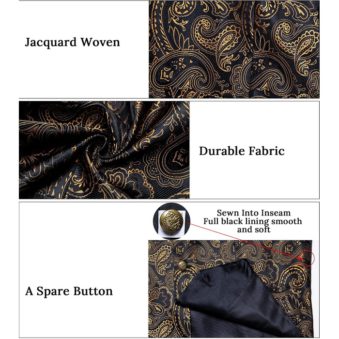 Костюмний аксесуар Dibangu: жилет, краватка, хустинка, запонки, лапільєрний шпилька (7 шт.) - Шовк, Пайслі, Чорний та золотий, XXL