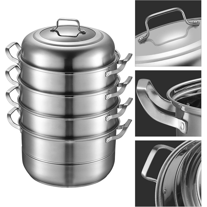 Пароварка SABUIDDS 32 см з 5 ярусами, з нержавіючої сталі, з кришкою з термостійкого скла, для всіх типів плит (індукція), для приготування кускусу та інших страв