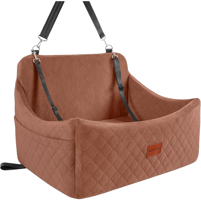 Wooaidagg Large Dog Car Seat - Memory Foam Bed for Medium & Large Dogs, Washable & Detachable, Includes 2 Leashes (Brown)