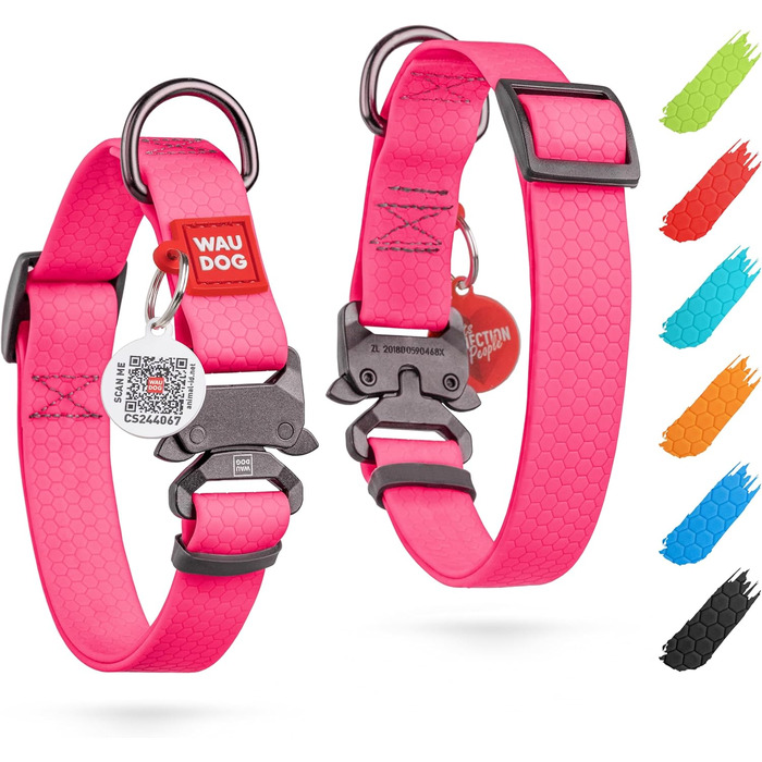 Водонепроникний нашийник для собак WAUDOG: великі, середні та малі породи, регульований, металевий замок, 31-49 см, 25 мм ширина, рожевий колір
