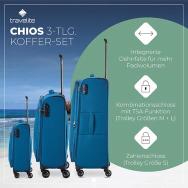 Набір валіз Travelite Chios (L/M/S) Petrol: міцний корпус, ручна поклажа, IATA