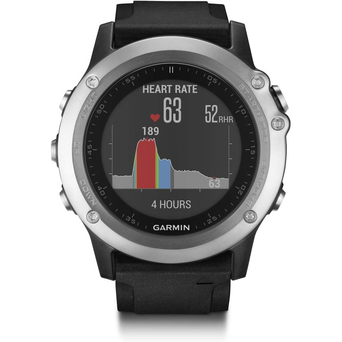 Годинник Garmin Fenix 3 GPS Multisport з мінеральним склом, срібний корпус, чорний ремінець та пульсометром на зап'ясті
