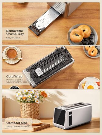 Тостер з нержавіючої сталі з сенсорним екраном та функцією пам'яті, 4-х слайсова модель з 6 рівнями підсмажування та 5 режимами для хліба, функціями розморожування та підігріву, технологією Single Slot