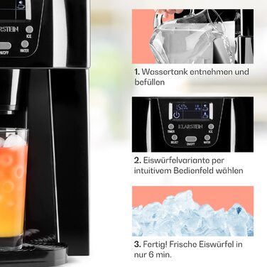 Машина для приготування льоду Klarstein Eiswürfelmaschine Klein, 2 л, водопостачальник, для 12 кг великого льоду, швидка, з сигналом, пластик (чорний)