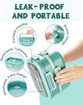 Ланчбокс Lille Home з 2 ярусами, 4 відділення, 1650 мл, з посудом, BPA-free, не протікає (Зелений)