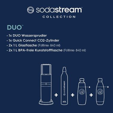SodaStream Duo: Газова вода вдома. Комплект з CO2 балончиком, 2 скляні та 2 пластикові пляшки, білий, 44 см. Сімейний набір
