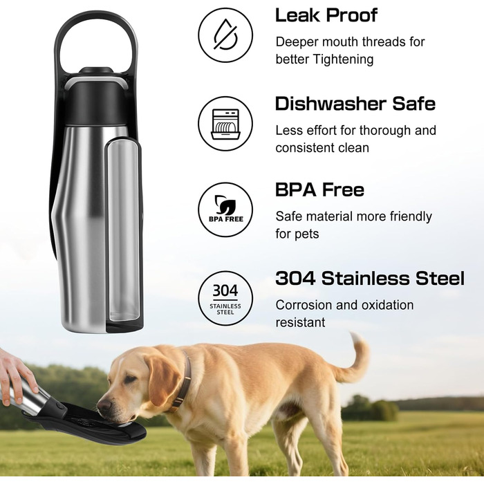 Водяна пляшка для собак на прогулянці: не протікає, з нержавіючої сталі, 750 мл (Чорний)