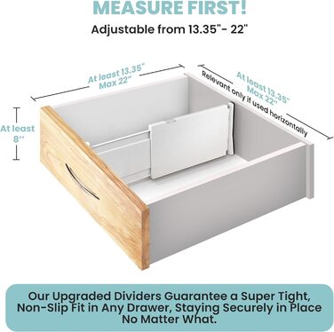 RAPTUROUS Adjustable Drawer Dividers, 8 inches high, expandable 13–22 inches, 6 pack, non-slip, for deep drawers in kitchen, bedroom, and closet (white)