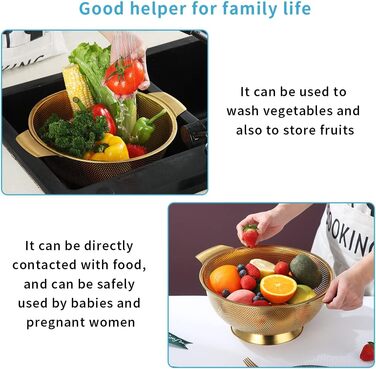 Ситечко Kyraton Gold Colander 5 Quart: професійне нержавіюче сито з покриттям з титану та золота, міцні ручки та основа для самостійного зливу, легко миється, підходить для миття в посудомийній машині