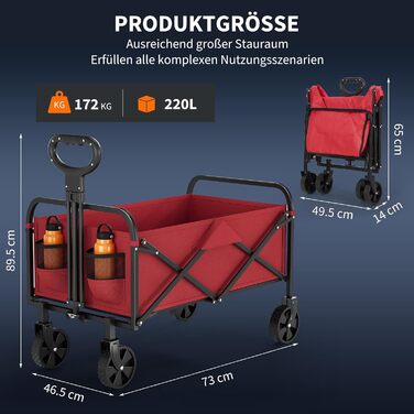 Складний вантажний візок Bollerwagen 220L, червоний: для кемпінгу, саду, пляжу. Сталевий каркас, 600D Oxford PVC, коліщатка 360°, вантажопідйомність 172-200 кг