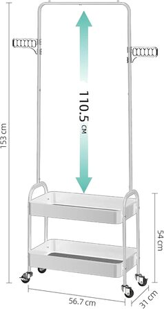 Metal Clothes Rack with 2 Shelves and Clothes Rail on Wheels - Wardrobe Stand for Bedroom, Living Room, Hallway, Home, and Office - White