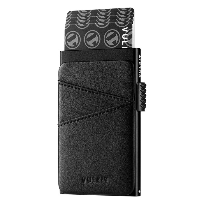 Чоловіче картхолдер VULKIT з металу та шкіри з автоматичним відкриванням, RFID/NFC захистом, slim дизайн, вміщує 5-9 карт (чорний)