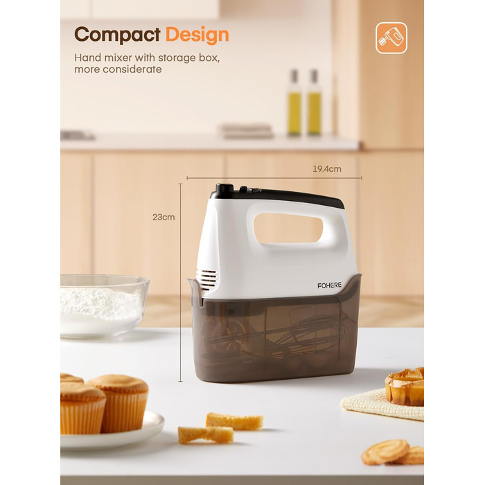 Електричний ручний міксер 400 Вт з 6 швидкостями та Turbo Boost, з набором аксесуарів, нержавіюча сталь, білий