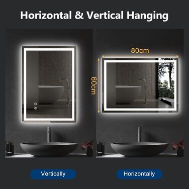 Дзеркало з підсвічуванням 70x50 см для ванної кімнати, сенсорне керування, антизапар, 3 кольори світла, регулювання яскравості