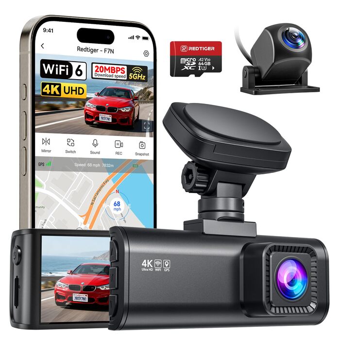 Автомобільний відеореєстратор REDTIGER F7N 4K Ultra HD (передня та задня камери 1080P), WiFi 5.8 ГГц, GPS, нічна зйомка, 24гд паркування, 64 ГБ карта пам'яті, 3.18