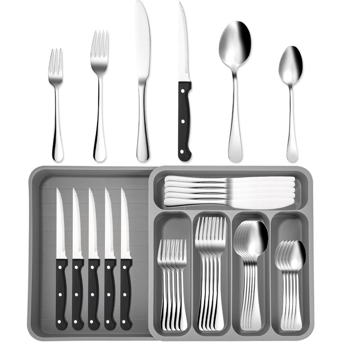 12-Piece Cutlery Set, 36-Piece Stainless Steel Cutlery Set with Steak Knives and Cutlery Box, Elegant Dinner Cutlery, Dishwasher Safe, with Knife, Fork, and Spoon, for Home, Party, Restaurant