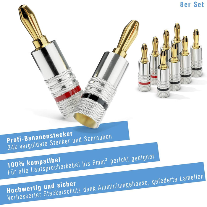 Бананові конектори Sonero® для акустичних кабелів (до 6 мм²), 4 шт. з кольоровим кодуванням (12x червоний, 12x чорний), 24K позолота (8 шт., High-End, комплект з 10 метрів кабелю 2x1.50 мм²)