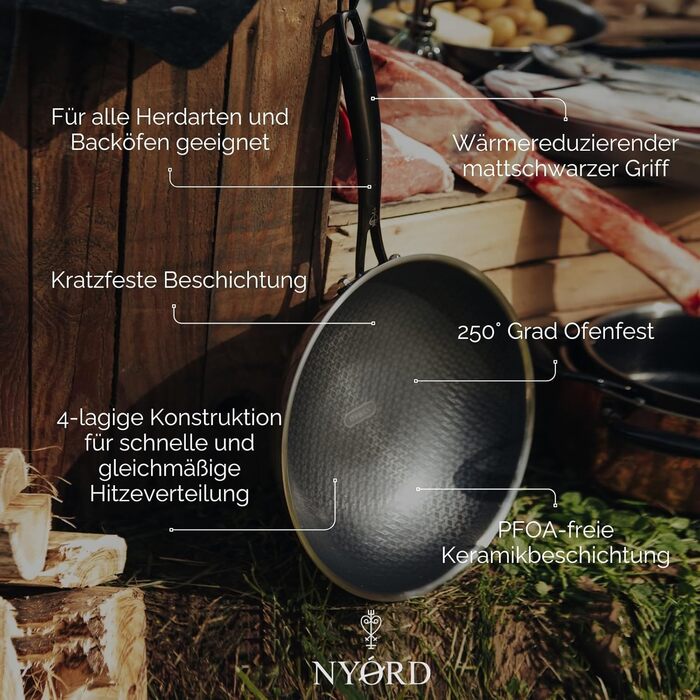 Сковорода NYORD з антипригарним покриттям, стійка до подряпин, з вафельною структурою, придатна для миття в посудомийній машині, гібридна сковорода, керамічне покриття, без PTFE та PFOA, для духовки, для індукційних, газових та керамічних плит, з кришкою 