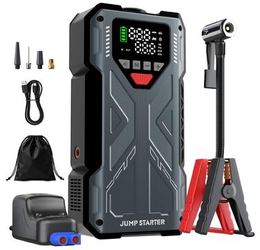 Пусковий пристрій (бустер) для авто Starthilfe 8000A з компресором 150PSI, портативний Powerbank 12V для бензинових та дизельних двигунів до 10л, LED-дисплей, сірий