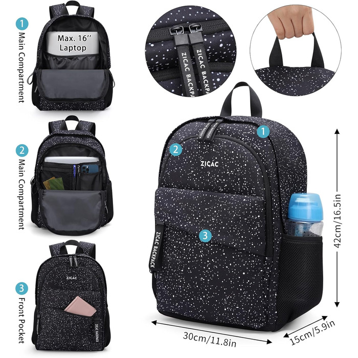 Рюкзак Zicac для чоловіків та жінок, Casual рюкзак для ноутбука 16 дюймів, легкий шкільний рюкзак для учнів та студентів, Daypack, рюкзак для подорожей, універсітету, школи, ділових поїздок, чорний