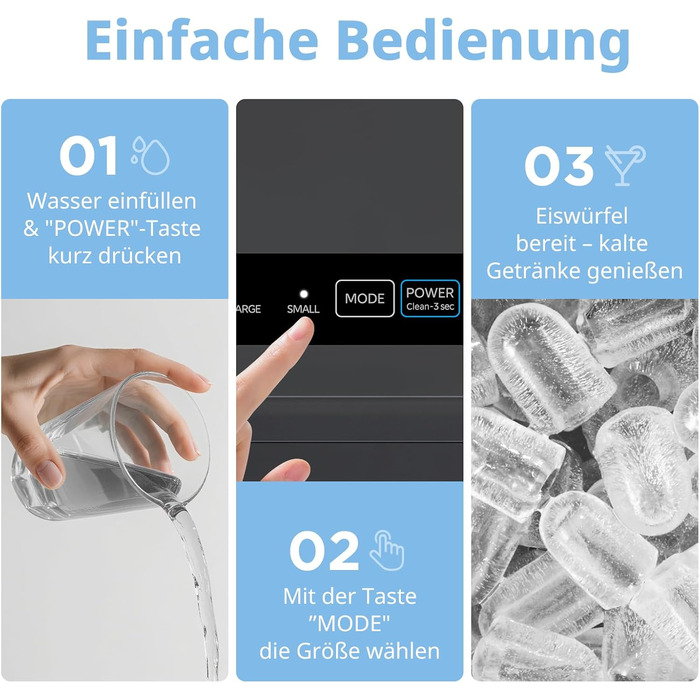 Машина для приготування льоду COMFEE' RCI12BL1EU(E) – чорна, 8 кубиків за 6 хвилин, 12 кг/24 год, 1.3л резервуар, самоочищення, компактний дизайн, з лопаткою та кошиком для дому