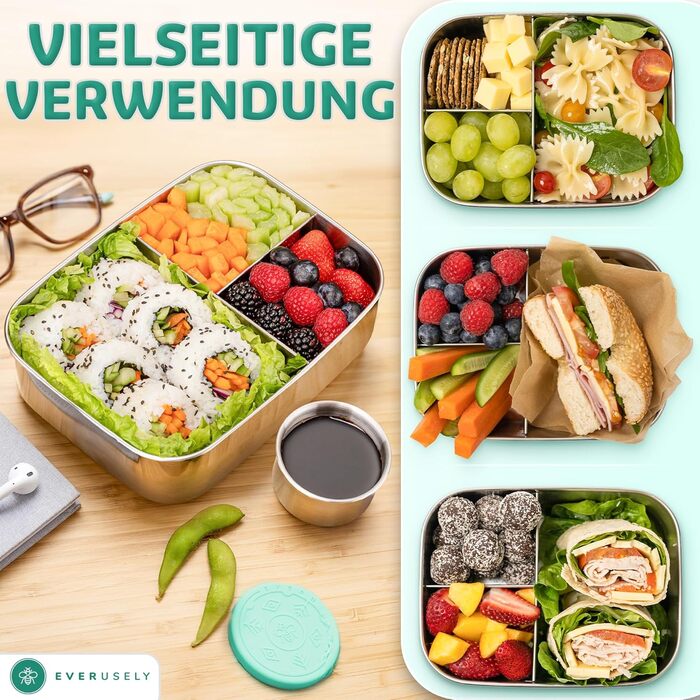 Бенто-бокс Everusely 0,8 л з нержавіючої сталі з контейнером для спецій - ланчбокс з 3 відділеннями (зелений)
