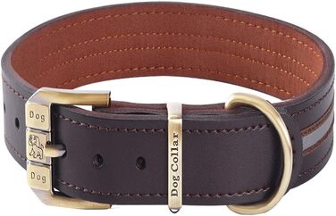 Шкіряний нашийник для собак з відбиваючим ефектом, регульований, м'який, з підкладкою, для маленьких, середніх та великих собак (Колір: Коричневий, Розмір L (46-56 см))