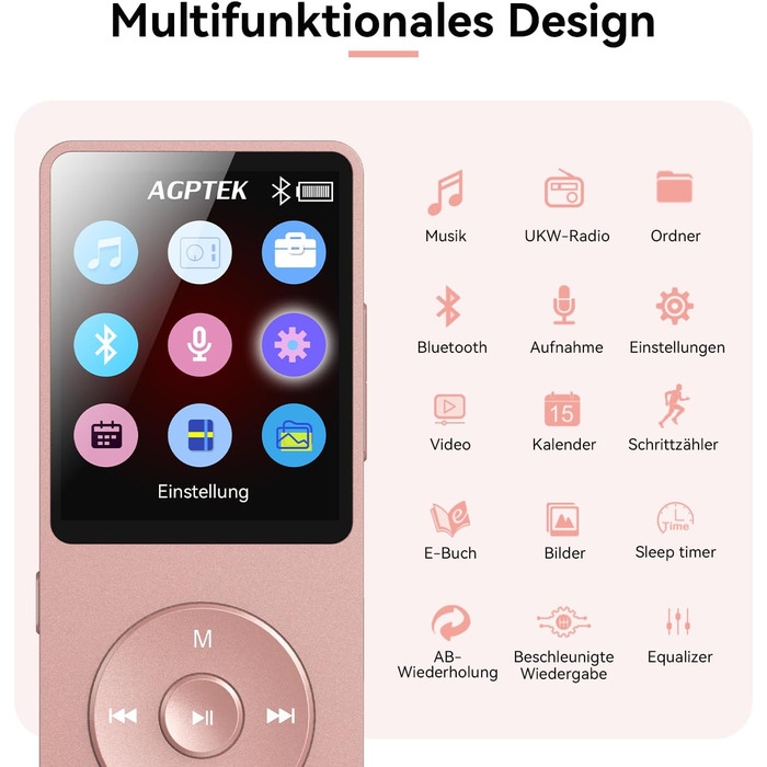 MP3 плеєр AGPTEK 64GB Bluetooth 5.3, Радіо, 1.8