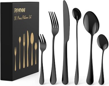 Набір столових приборів 36 шт. для 6 осіб - нержавіюча сталь, чорне матове покриття, ніж, виделка, ложка - придатний для миття в посудомийній машині