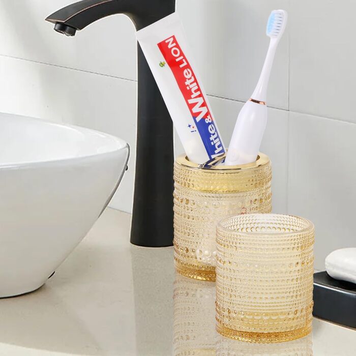 Bathroom Toothbrush Holder, Clear Glass, Toothbrush and Toothpaste Holder, 284 ml, Bathroom Storage Cup for Toothbrush, Makeup Brushes (Amber)
