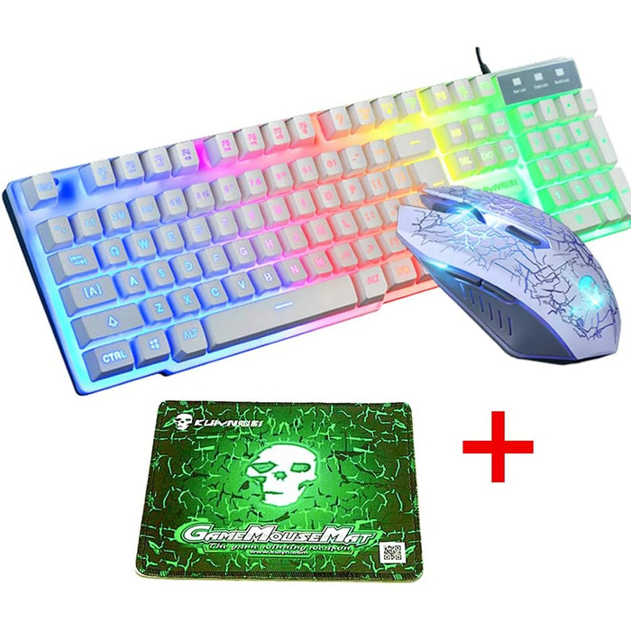 Механічна ігрова клавіатура та миша з підсвічуванням RGB, 104 клавіші, USB, 2400DPI, 6 кнопок, оптична миша, комплект для PS4, Xbox, PC, Laptop, чорний/білий
