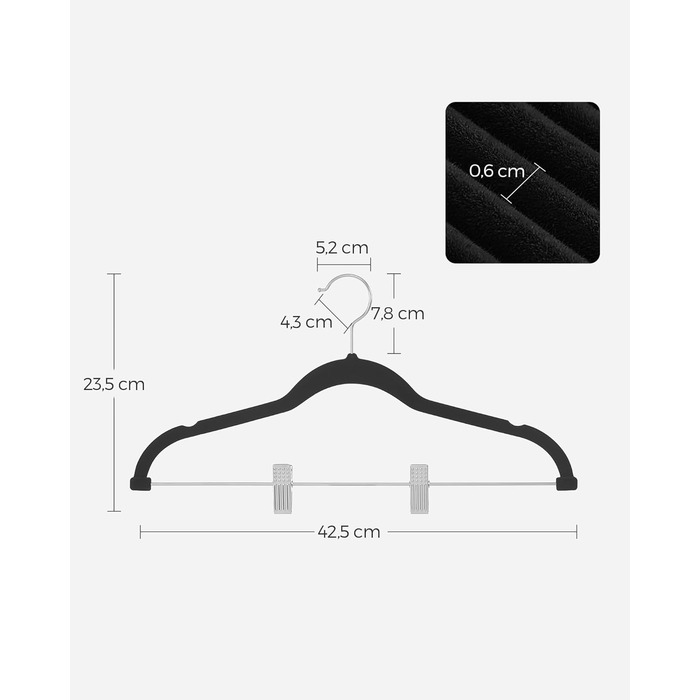 SONGMICS Velvet Clothes Hangers, 20-Piece Set, Skirt Hanger, 42.5 cm wide, with adjustable clips, non-slip, space-saving, for trousers, coats, dresses, black CRF012B20