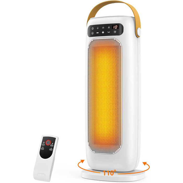 Електричний обігрівач PTC керамічний 1500W з пультом керування, 4 режими, осциляція 110°, таймер 1-10 год, захист від перегріву та перекидання. Компактний обігрівач для дому (білий)