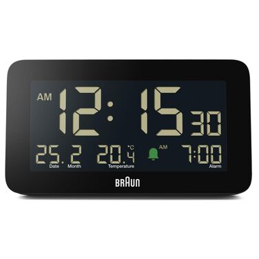 Цифровий будильник Braun BC10B з дисплеєм температури, дати та місяця, негативний LCD-екран, чорний