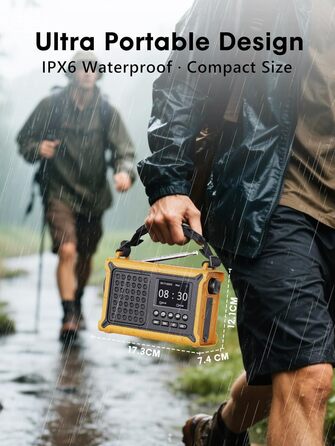 ROCAM Радіоприймач на ручку DAB+/UKW, портативне аварійне радіо з сонячною панеллю 8500 мм² та ручкою 650mA, цифрове радіо з Bluetooth, 2.4' кольоровий дисплей, 80 станцій, SOS, LED ліхтарик, USB, IPX6 для кемпінгу (Жовтий)