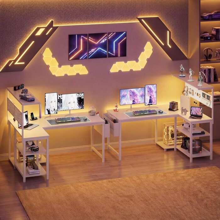 Ігровий кутовий стіл L-подібний YOUDENOVA з LED-підсвіткою, розеткою, полицями та перфорованою панеллю, 120x80 см, білий