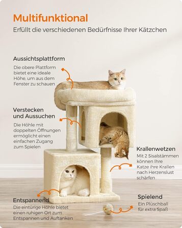 Feandrea Cat Tree Small, 67 cm Cat Tree, Kitten House for Kittens up to 3 kg, Large Platform, Sisal Posts, PCT611W01 (Beige)